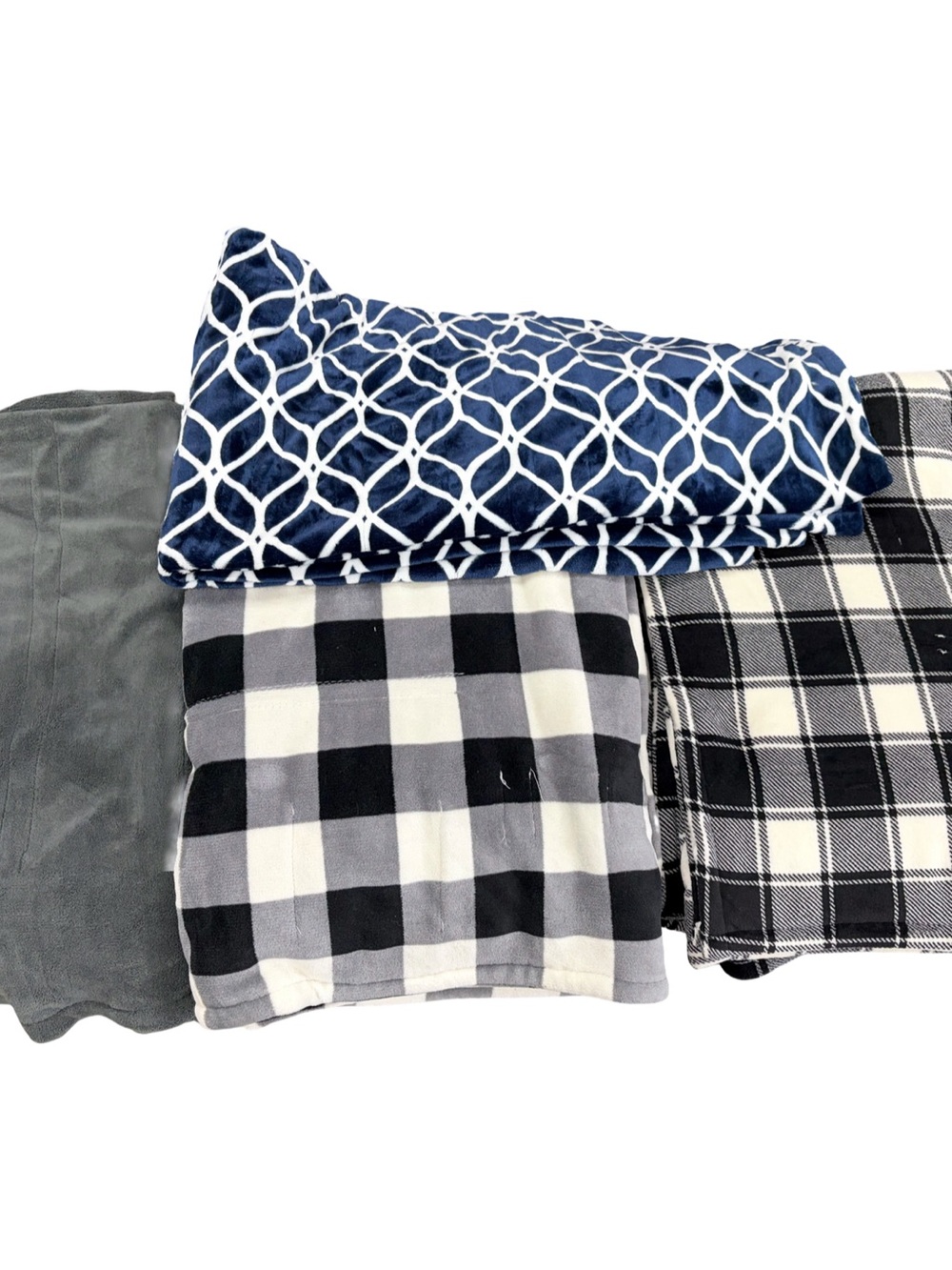 Heated Blankets. Plush Navy Geometric, black and white checkers and gray